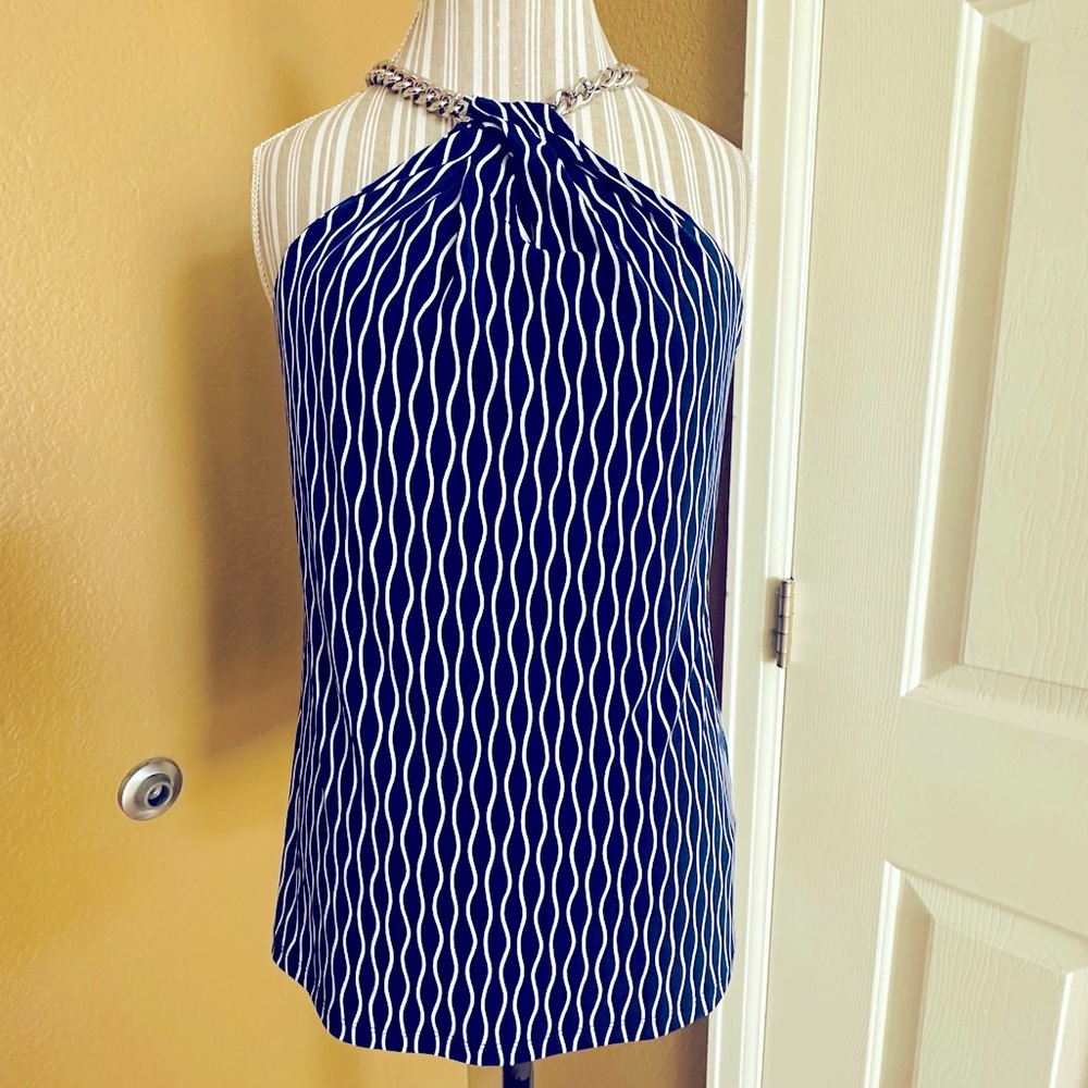 Micheal Kors Chain Top Halter Sleeveless Blouse Blue and White Size M NWT